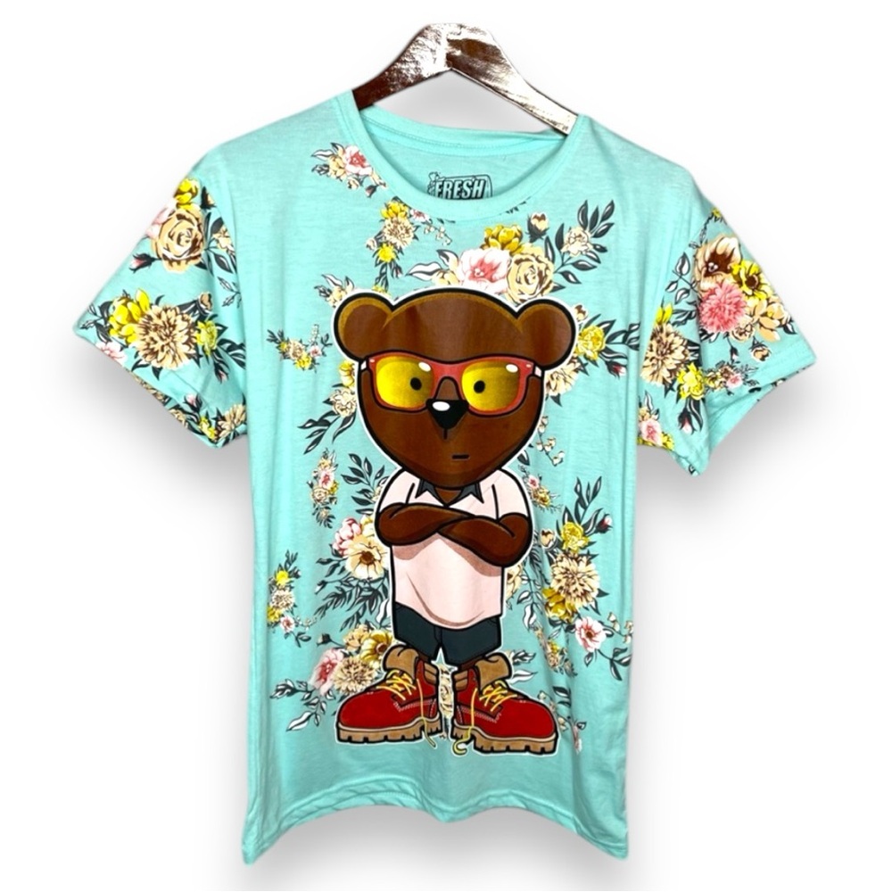Fresh Laundry Blue Tropical Teddy Bear Print T-shirt M